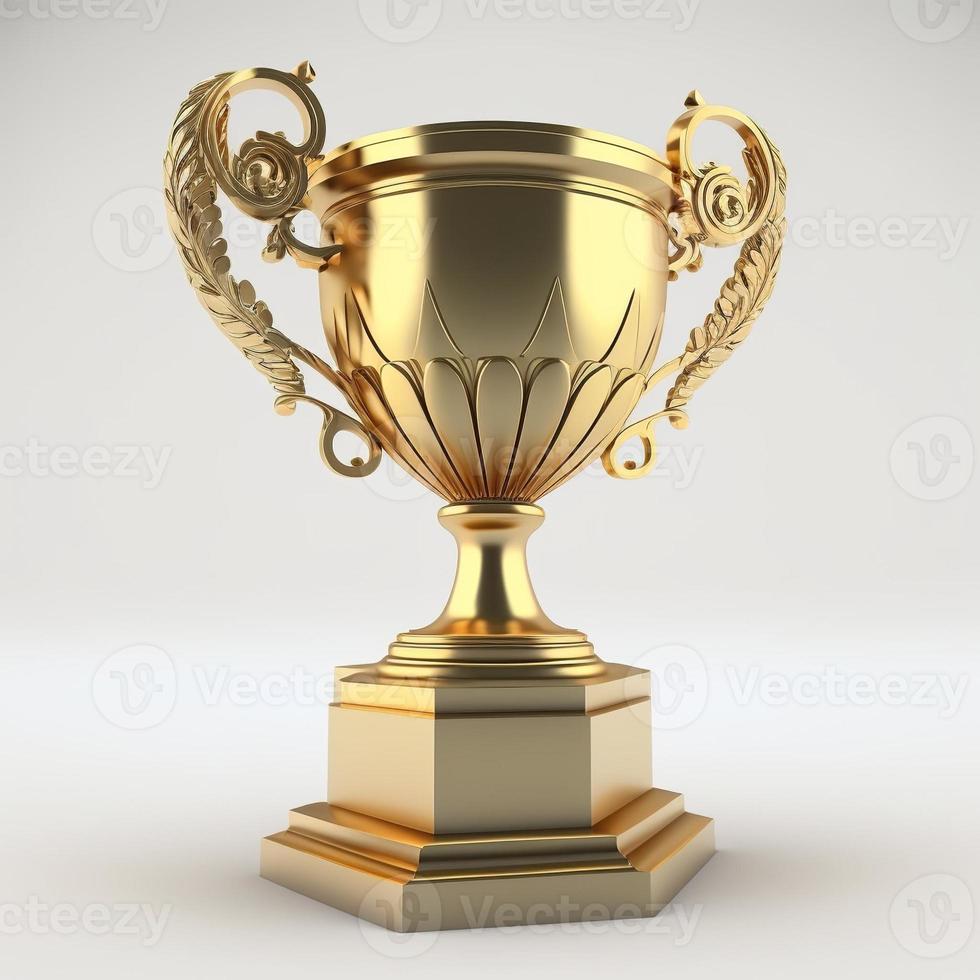 Golden trophy with reflections, white background. AI digital illustration photo