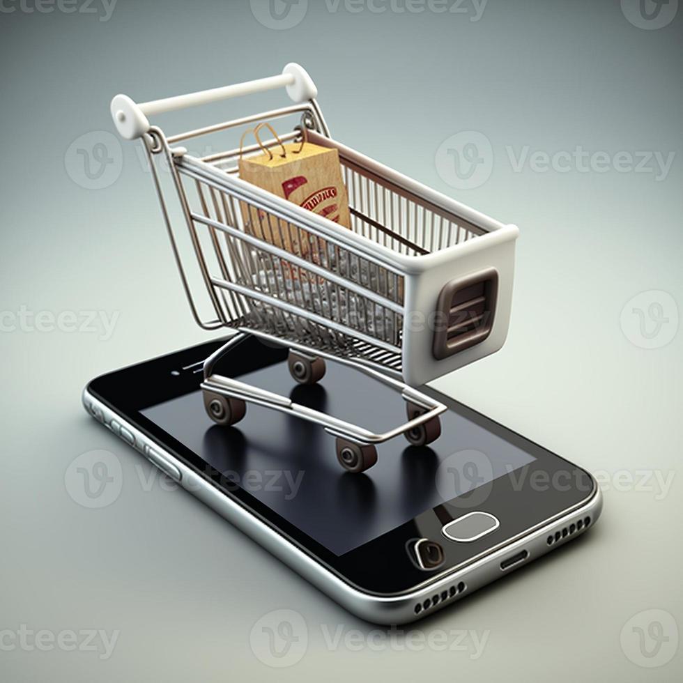Shopping cart on mobile phone screen. AI photo