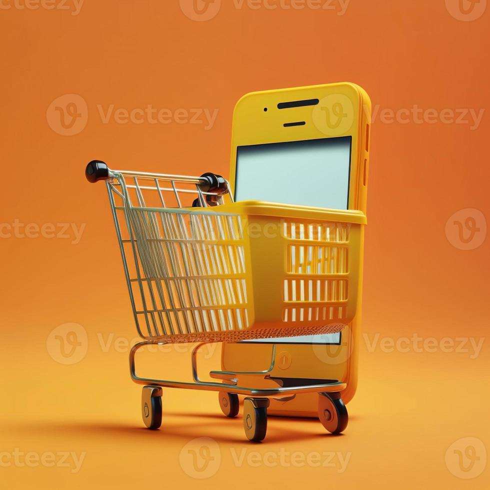 Shopping cart on mobile phone screen, yellow background. AI photo