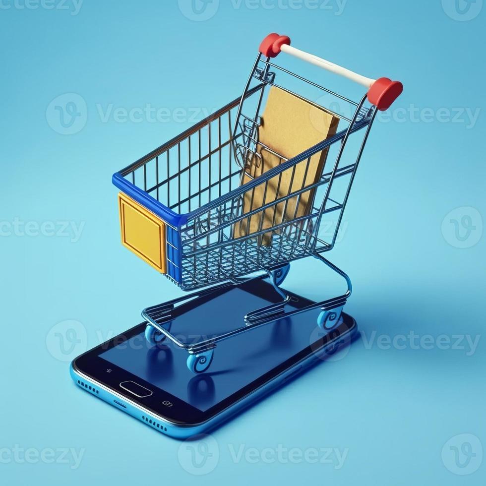 Shopping cart on mobile phone screen, blue background. AI photo