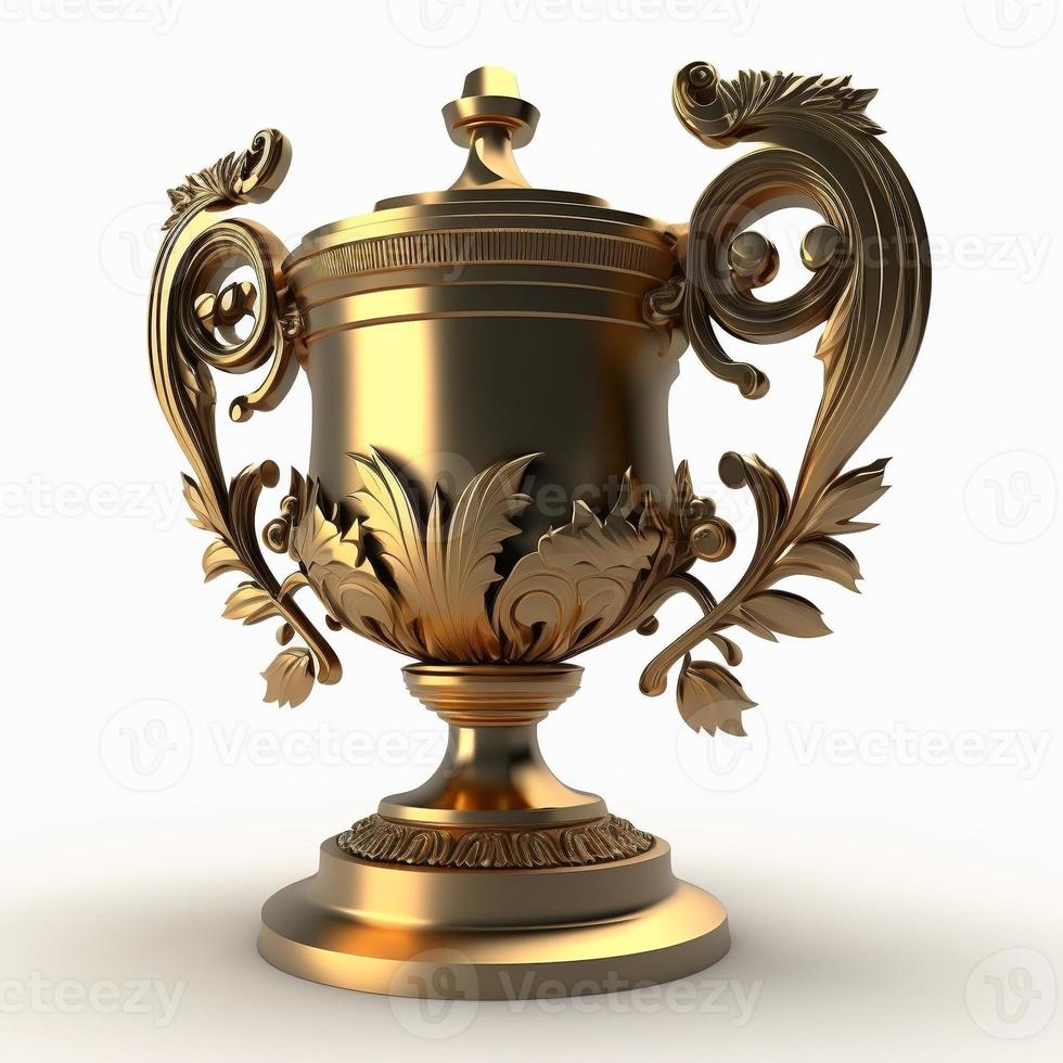 Golden trophy with reflections, white background. AI digital illustration photo