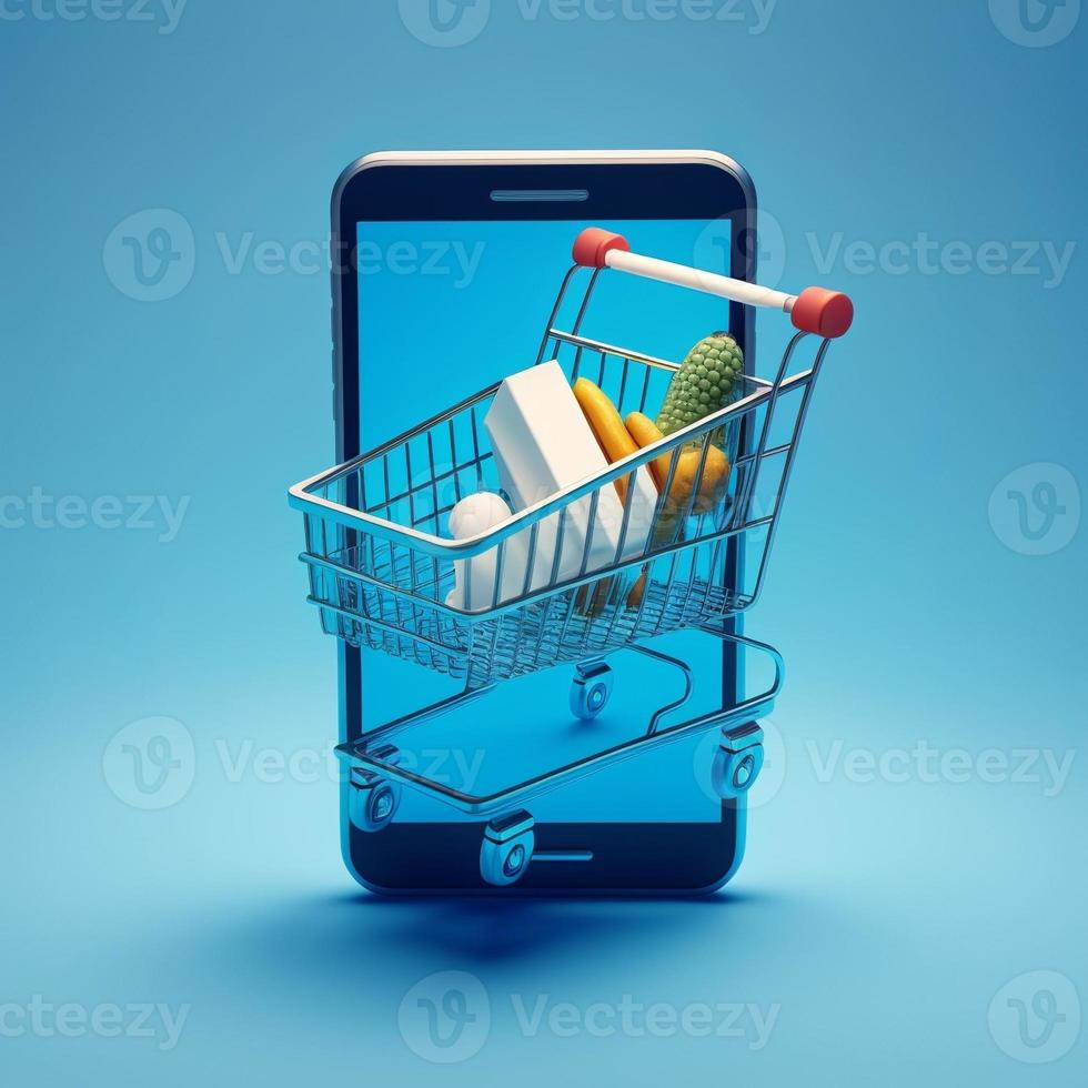 Shopping cart on mobile phone screen, blue background. AI photo