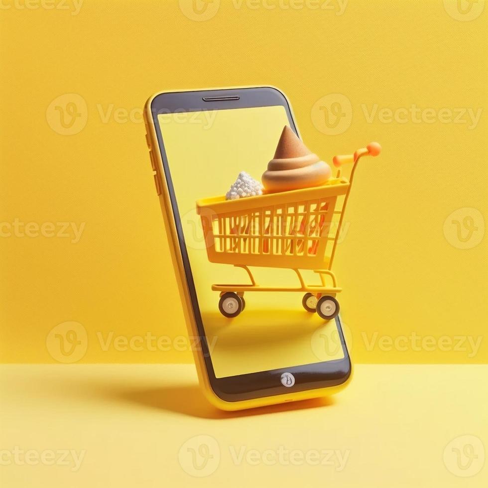 Shopping cart on mobile phone screen, yellow background. AI photo