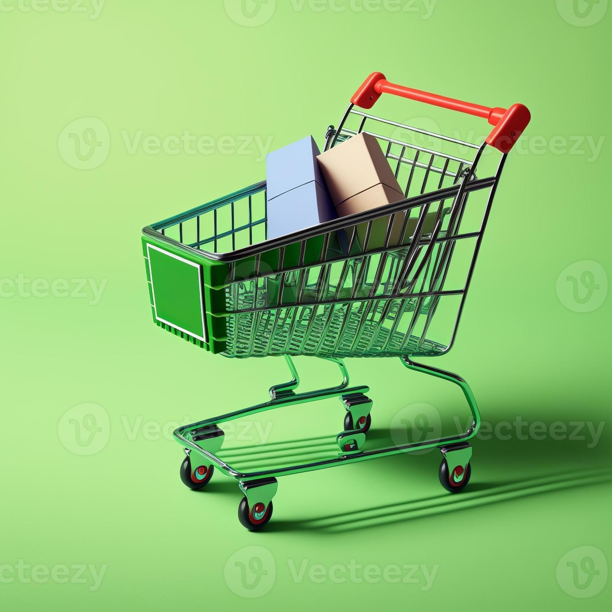 Shopping cart full of groceries, illustration, green background. AI