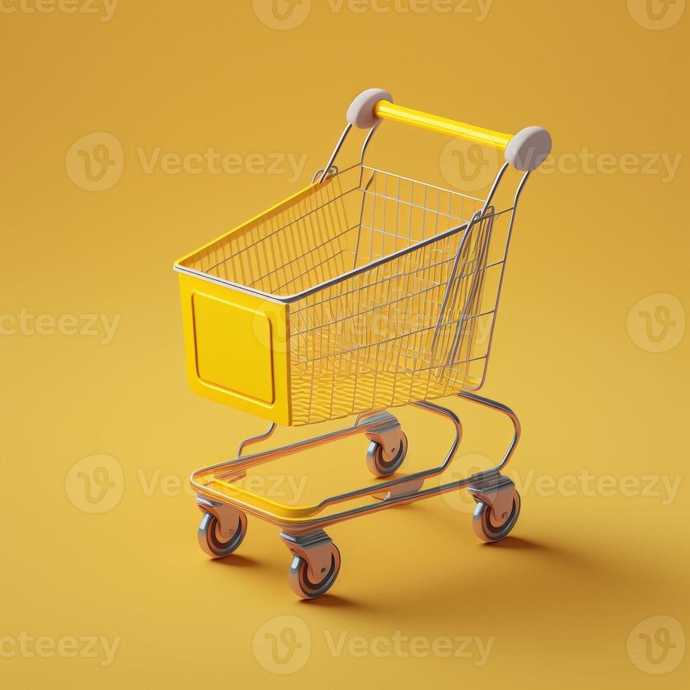 Shopping cart, yellow background. AI photo