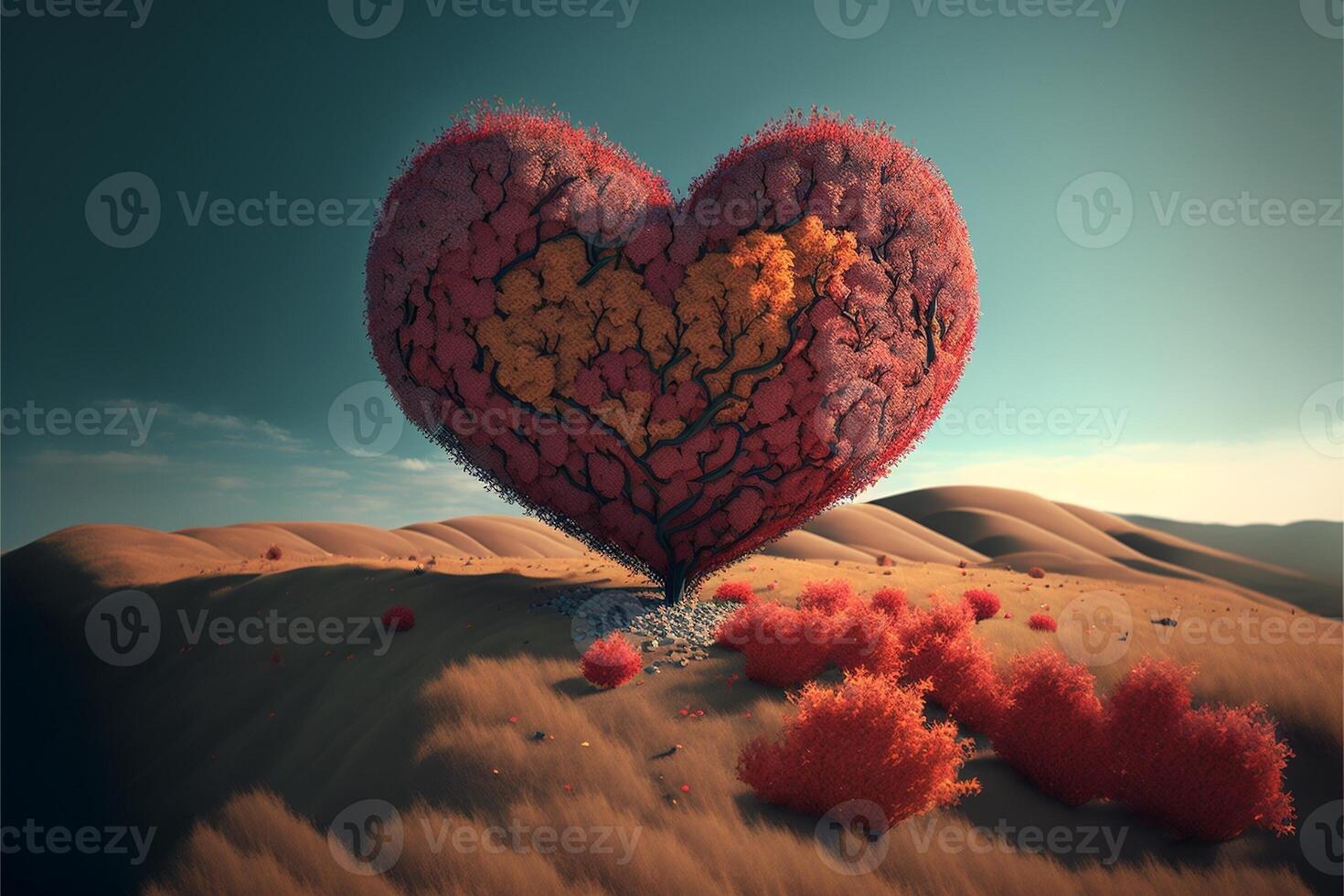 Heart-shaped tree landscape , open sky, Valentine's Day. AI photo