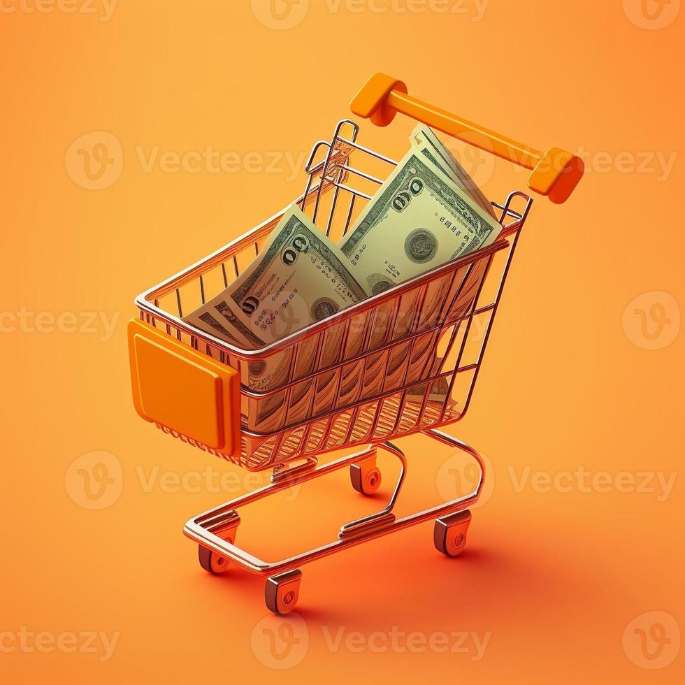 Shopping cart with money inside, orange background. AI photo