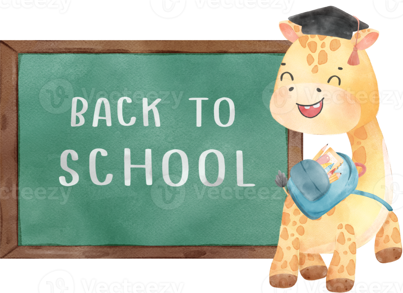 cute happy giraffe kid animal back to school with bag and books, children watercolour illustration png