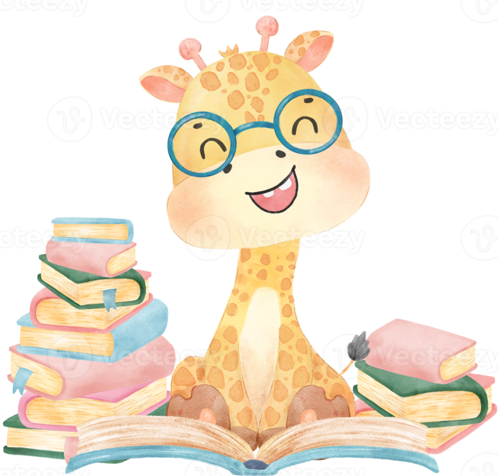 cute happy giraffe kid animal back to school with bag and books, children watercolour illustration png