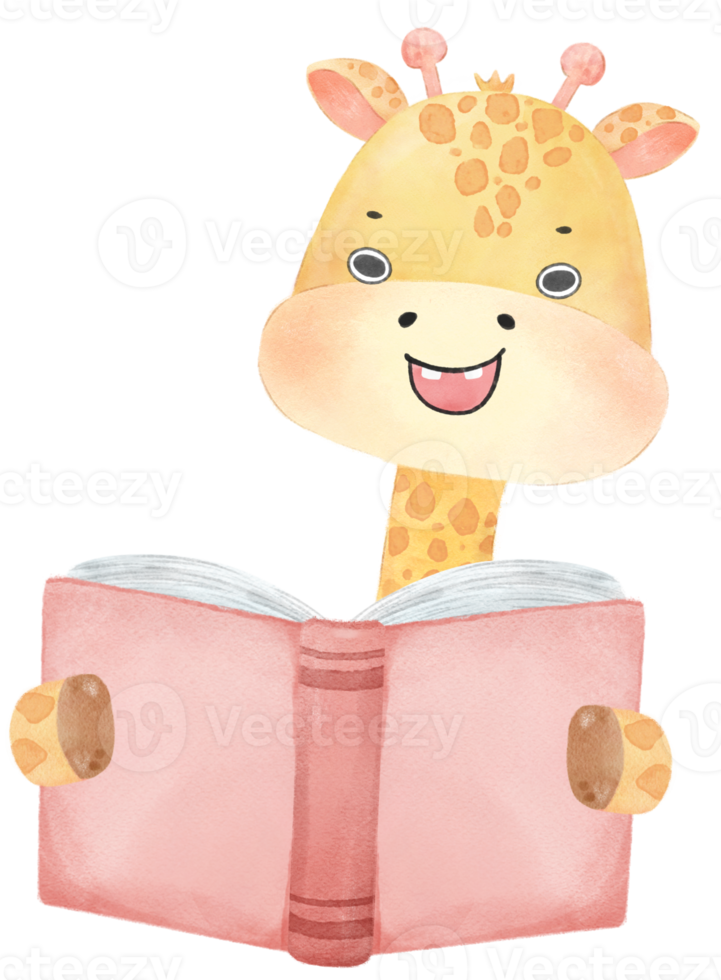 cute happy giraffe kid animal back to school with bag and books, children watercolour illustration png