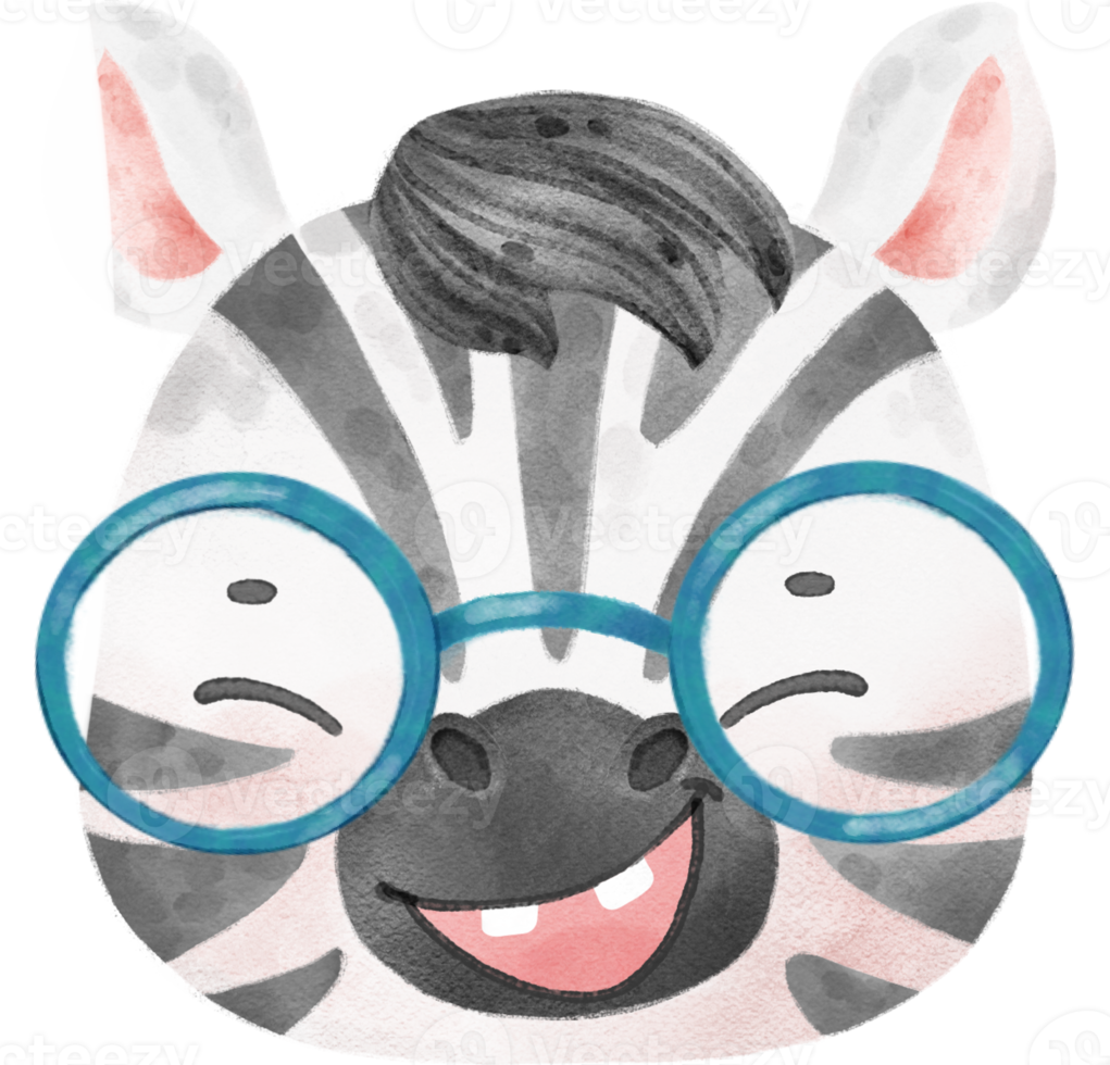 cute watercolour nerd wild zebra animal wear glasses cartoon painting png