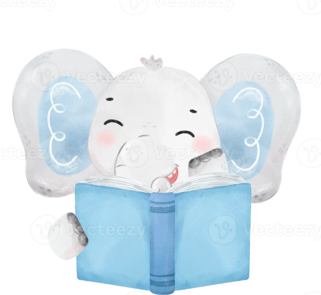 cute watercolour safari elephant boy animals kid back to school reading book cartoon png