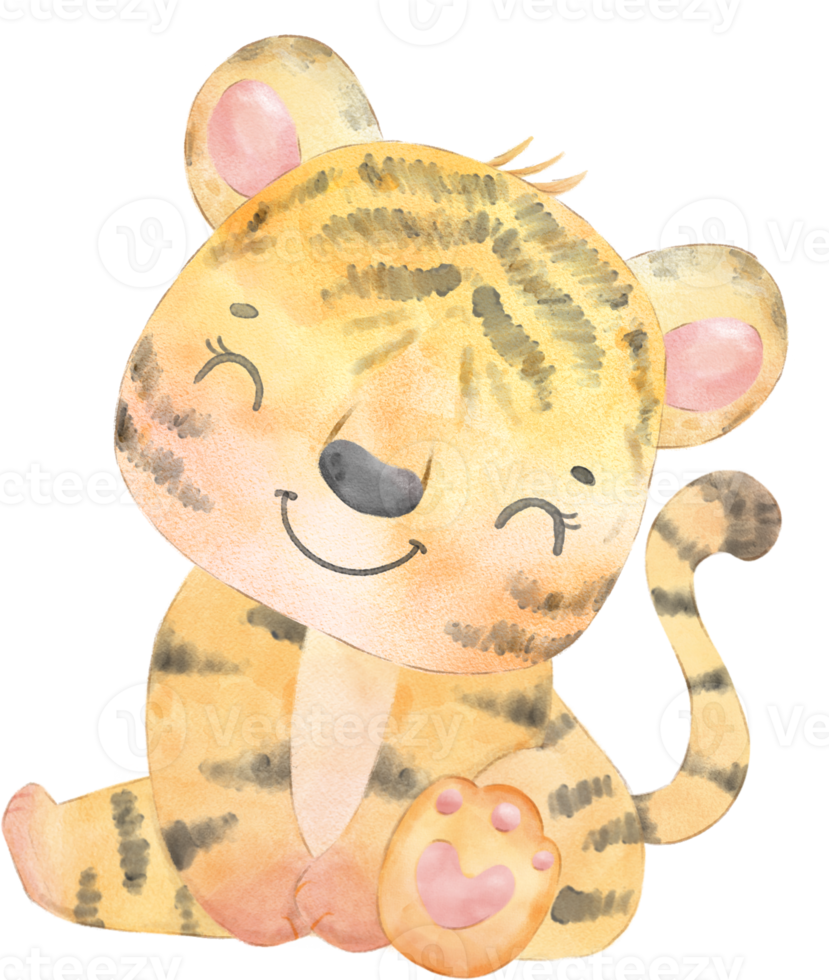 cute happy playful baby tiger watercolour kid animals wildlife cartoon painting illustration png