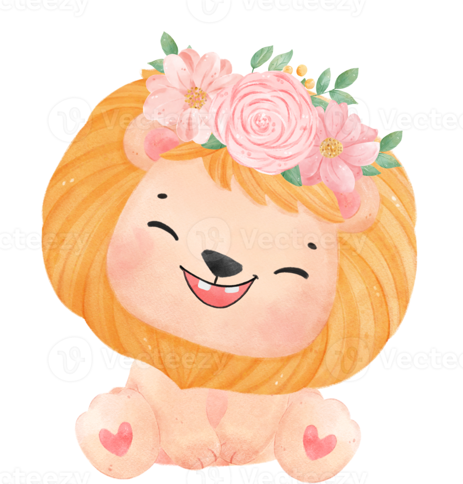 Cute sweet happy baby lion with floral crown watercolour kid animal illustration png