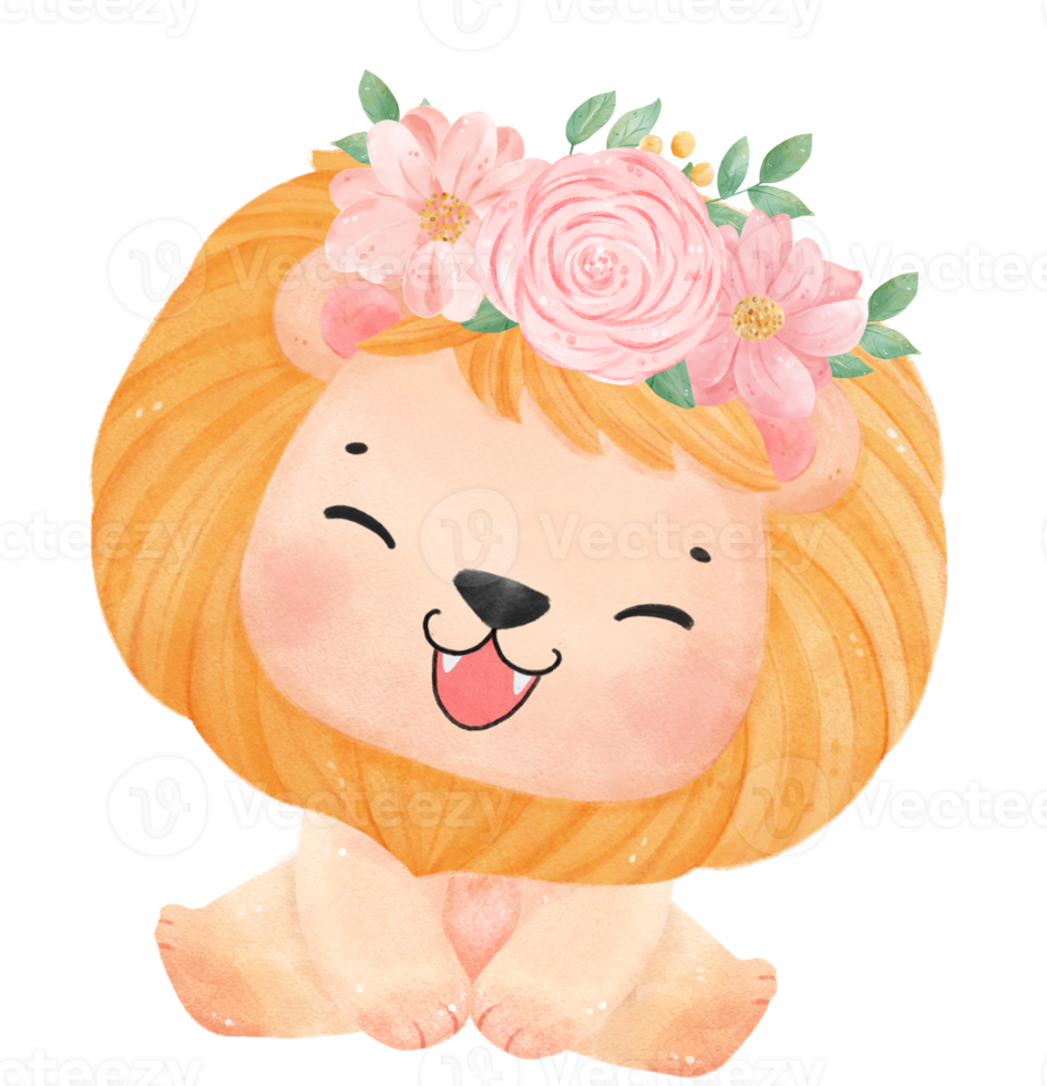 mignonne sucré content bébé Lion avec floral couronne aquarelle enfant animal illustration png