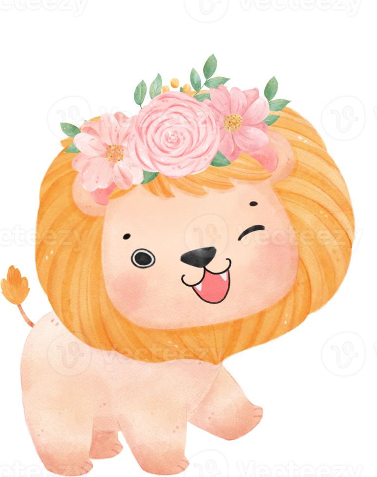 mignonne sucré content bébé Lion avec floral couronne aquarelle enfant animal illustration png