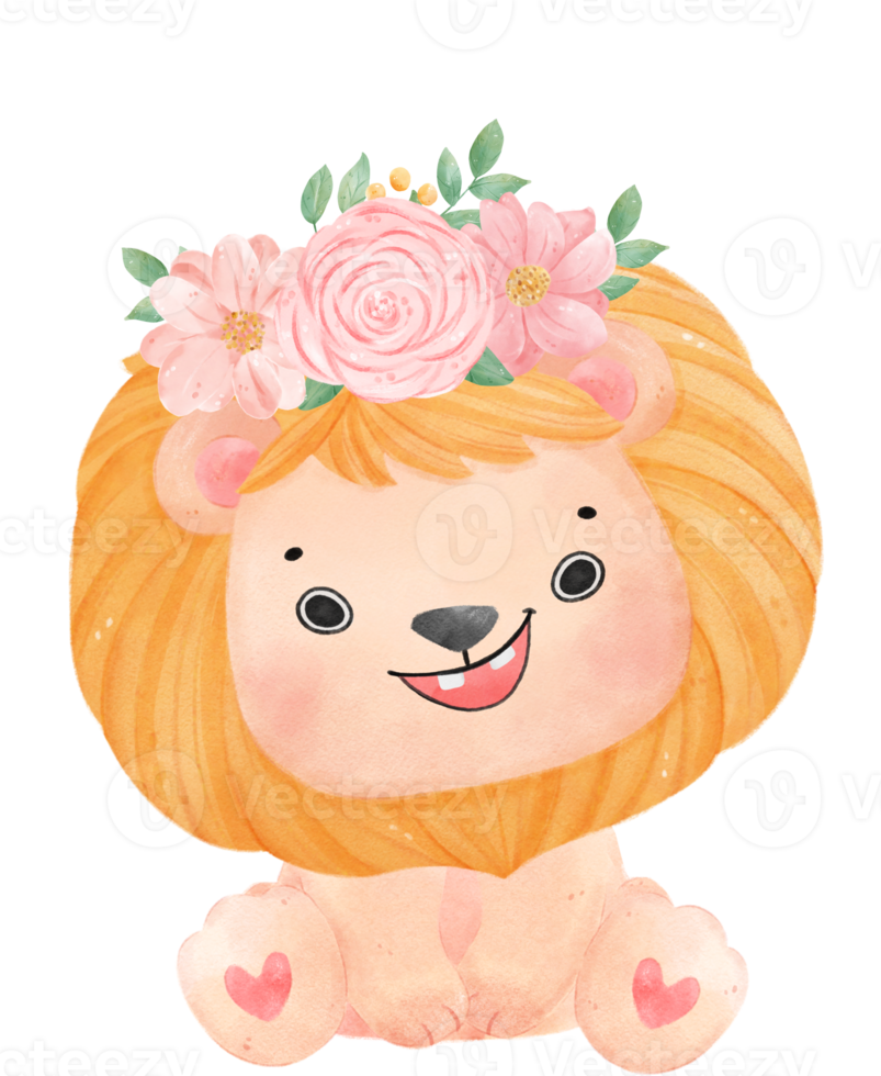 Cute sweet happy baby lion with floral crown watercolour kid animal illustration png
