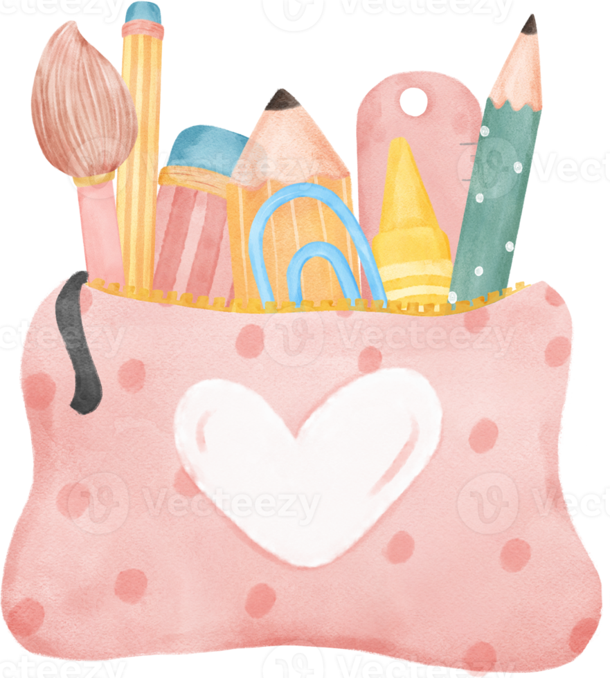 cute pastel school pencil stationary girly pouch bag  stationary cartoon  watercolour illustration png