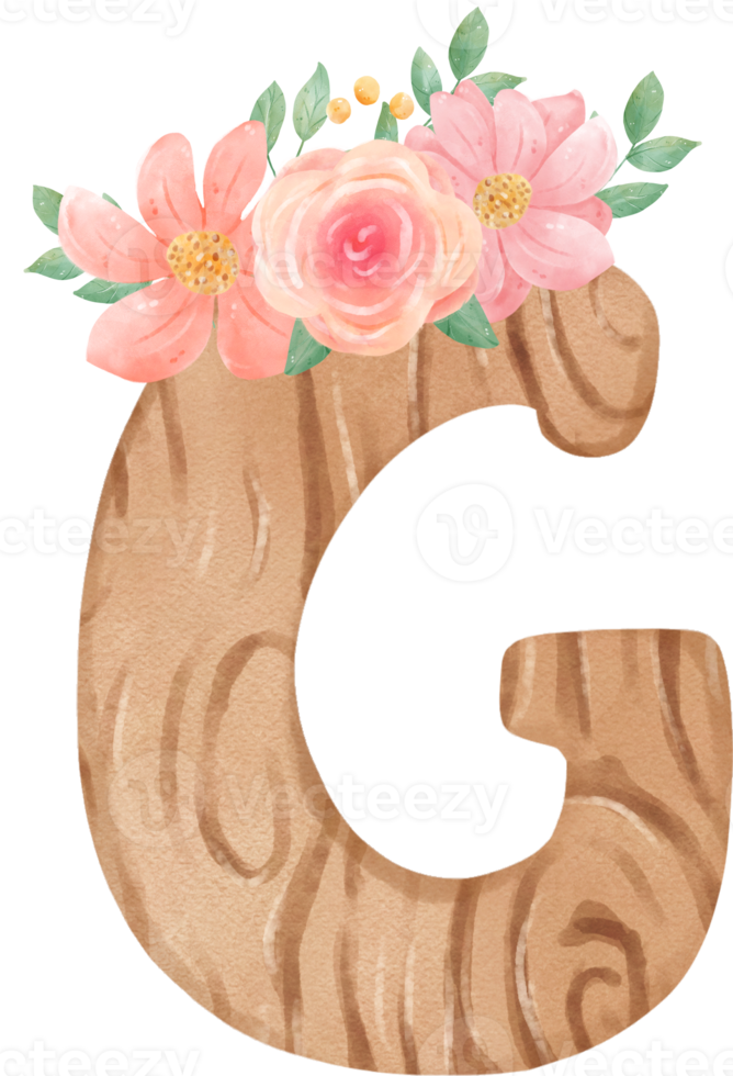 cute watercolour floral  wooden Alphabet letter G png