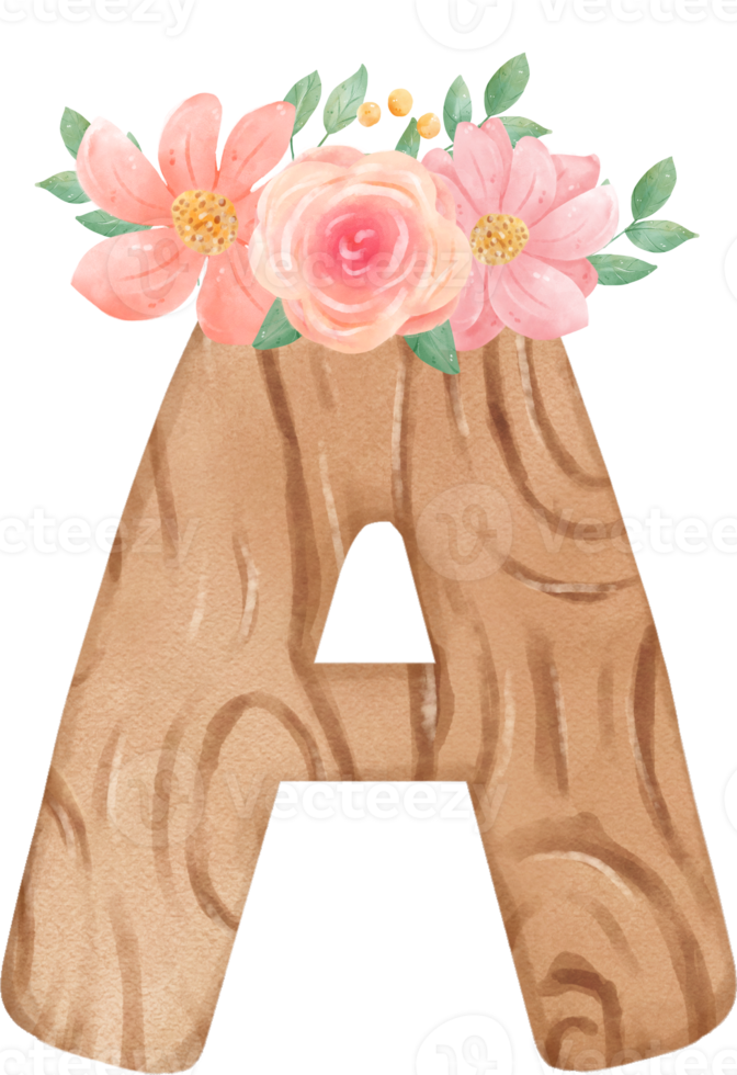 cute watercolour FLORAL wooden Alphabet letter A png