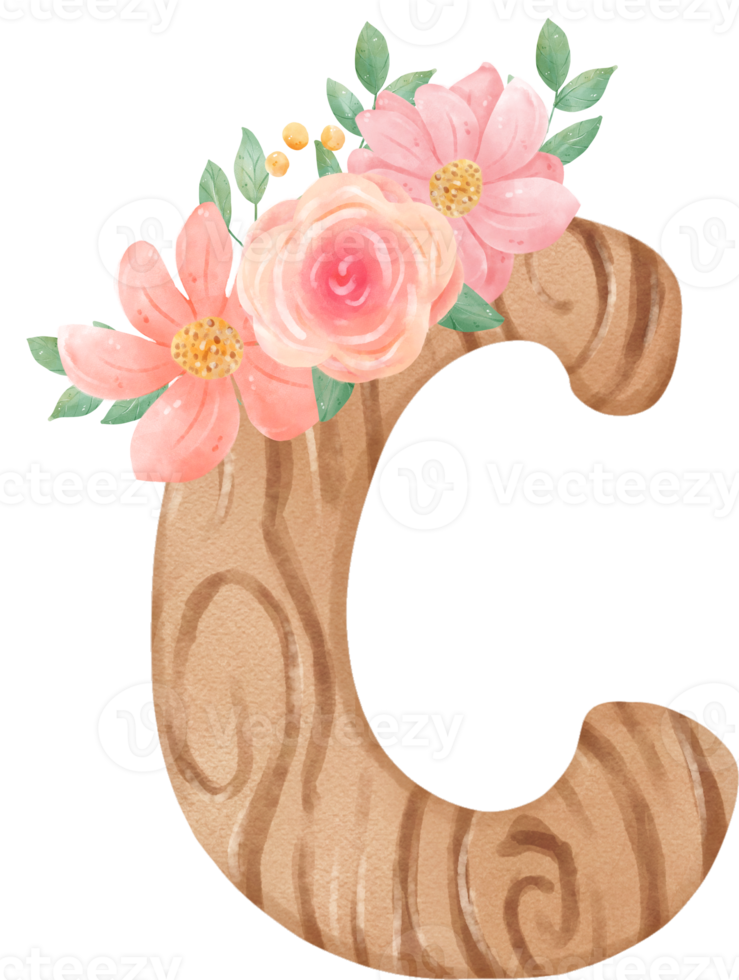 cute watercolour floral wooden Alphabet letter C png