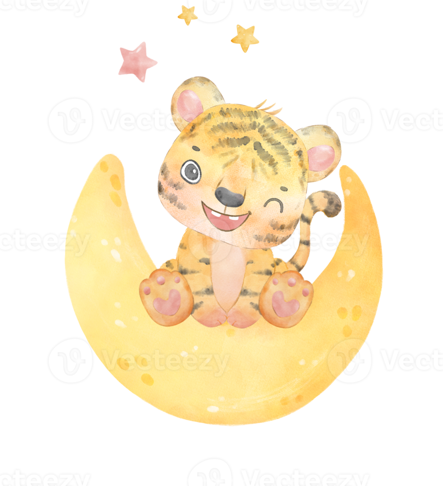 cute sweet innocence baby tiger on dreamy crescent moon phase kid nursery watercolour Illustration png