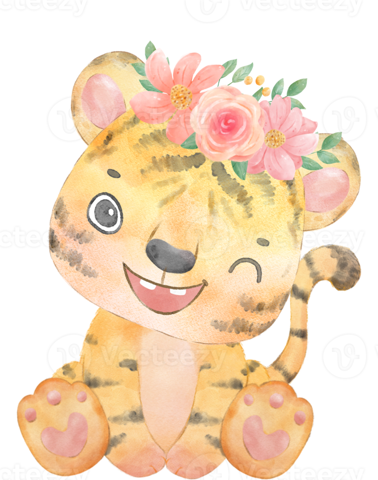 cute baby playful tiger with floral crown, whimsical children animal watercolour illustration png