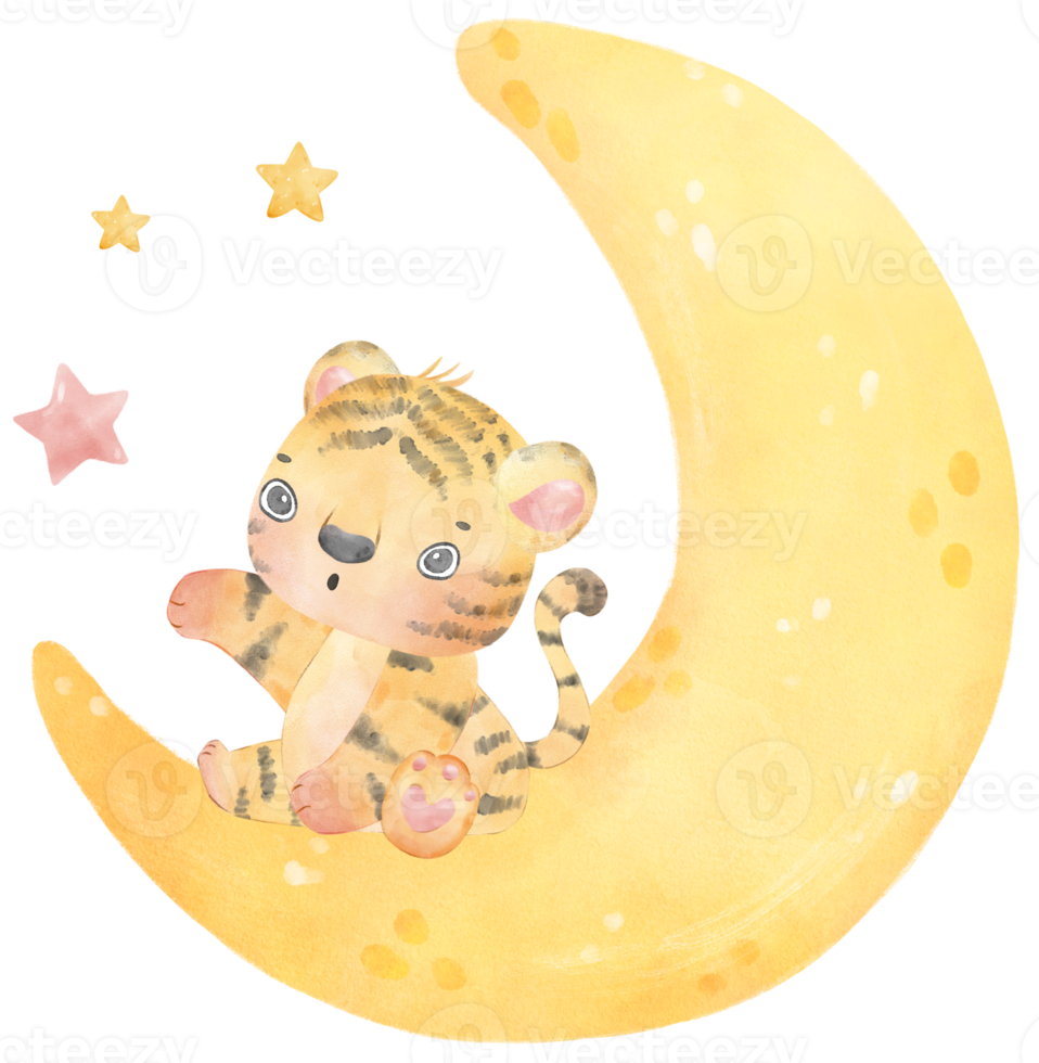 süß Süss Unschuld Baby Tiger auf verträumt Halbmond Mond Phase Kind Kindergarten Aquarell Illustration png