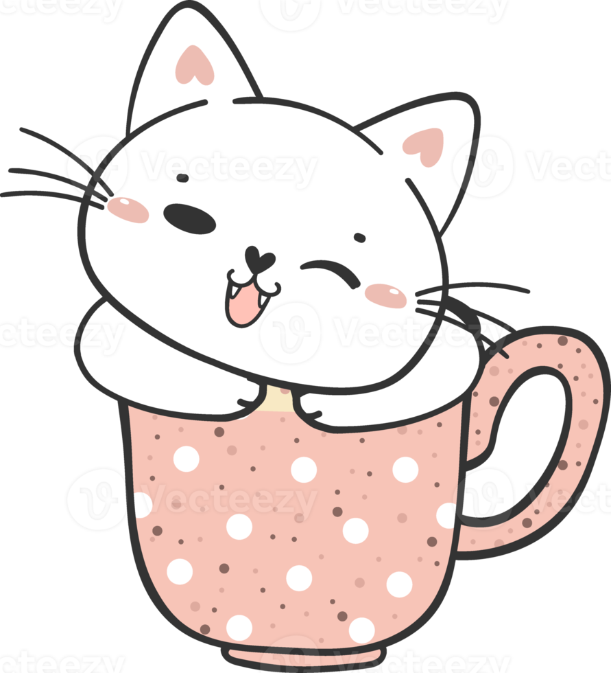 mignonne kawaii espiègle chaton chat dans céramique café agresser dessin animé griffonnage dessin png