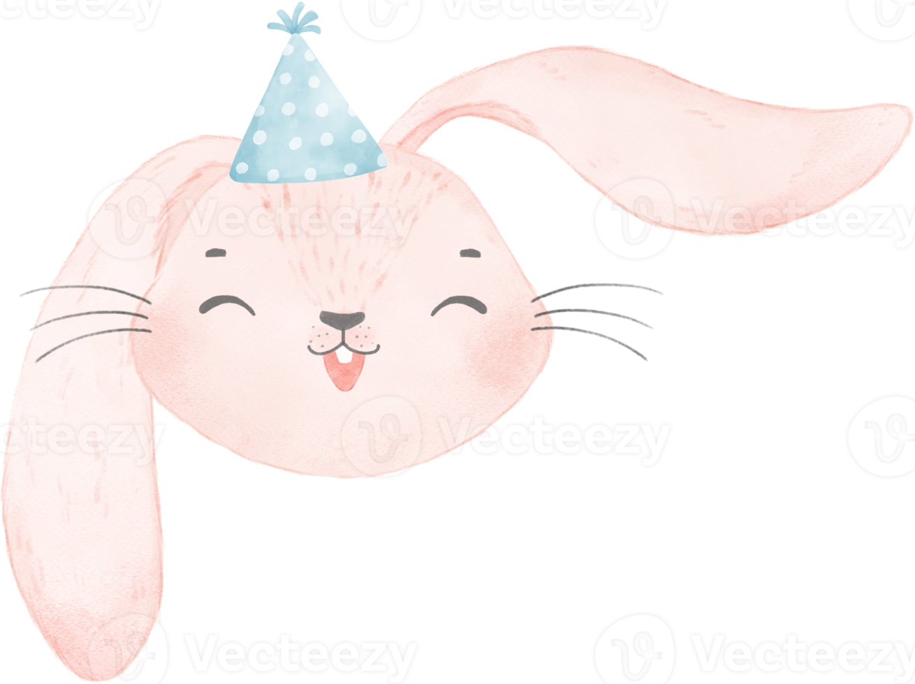 Adorable whimsical sweet happy baby pink bunny rabbit face head with colourful soft paster polka dot party hat watercolour illustration png