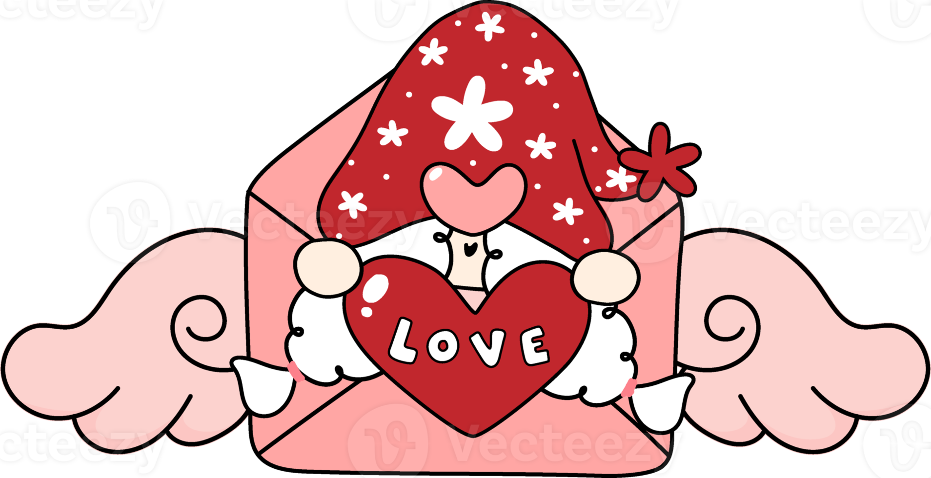 Cute Happy sweet red Valentine Gnome cartoon doodle hand drawing png