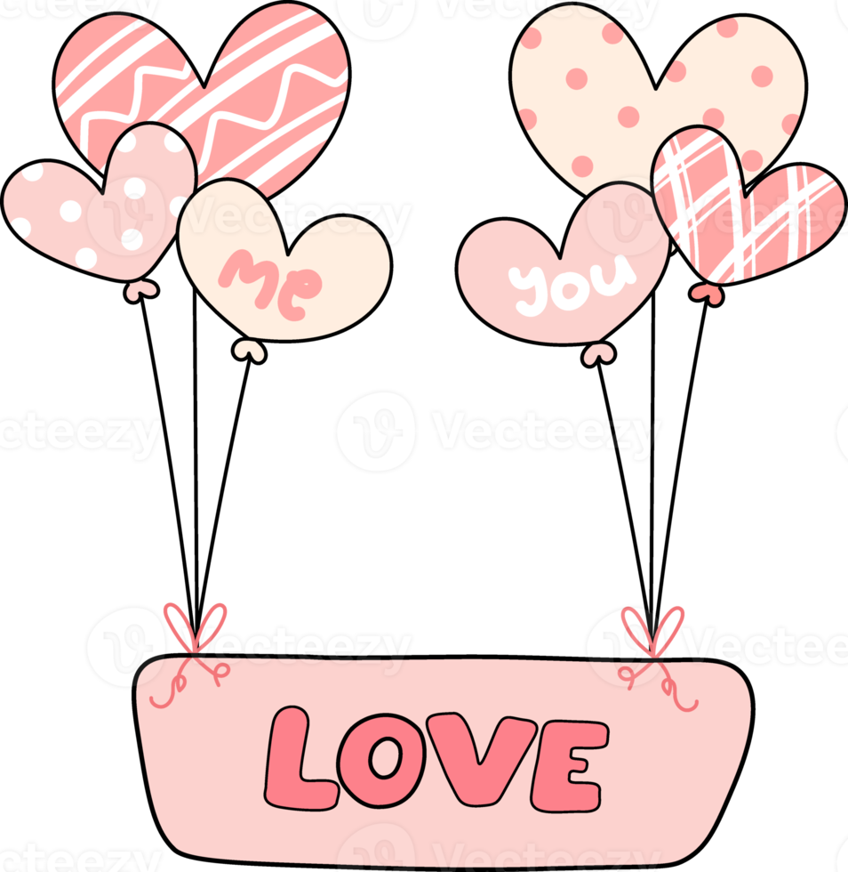 cute Valentine love heart shape balloons cartoon drawing png