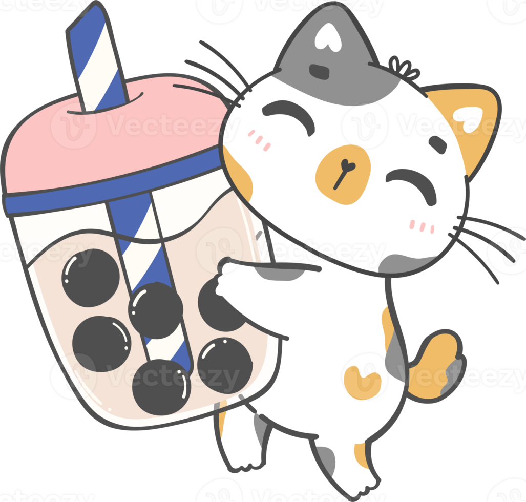 Kawaii funny bubble tea cat lover, cute boba tea kitten cartoon doodle hand drawing png