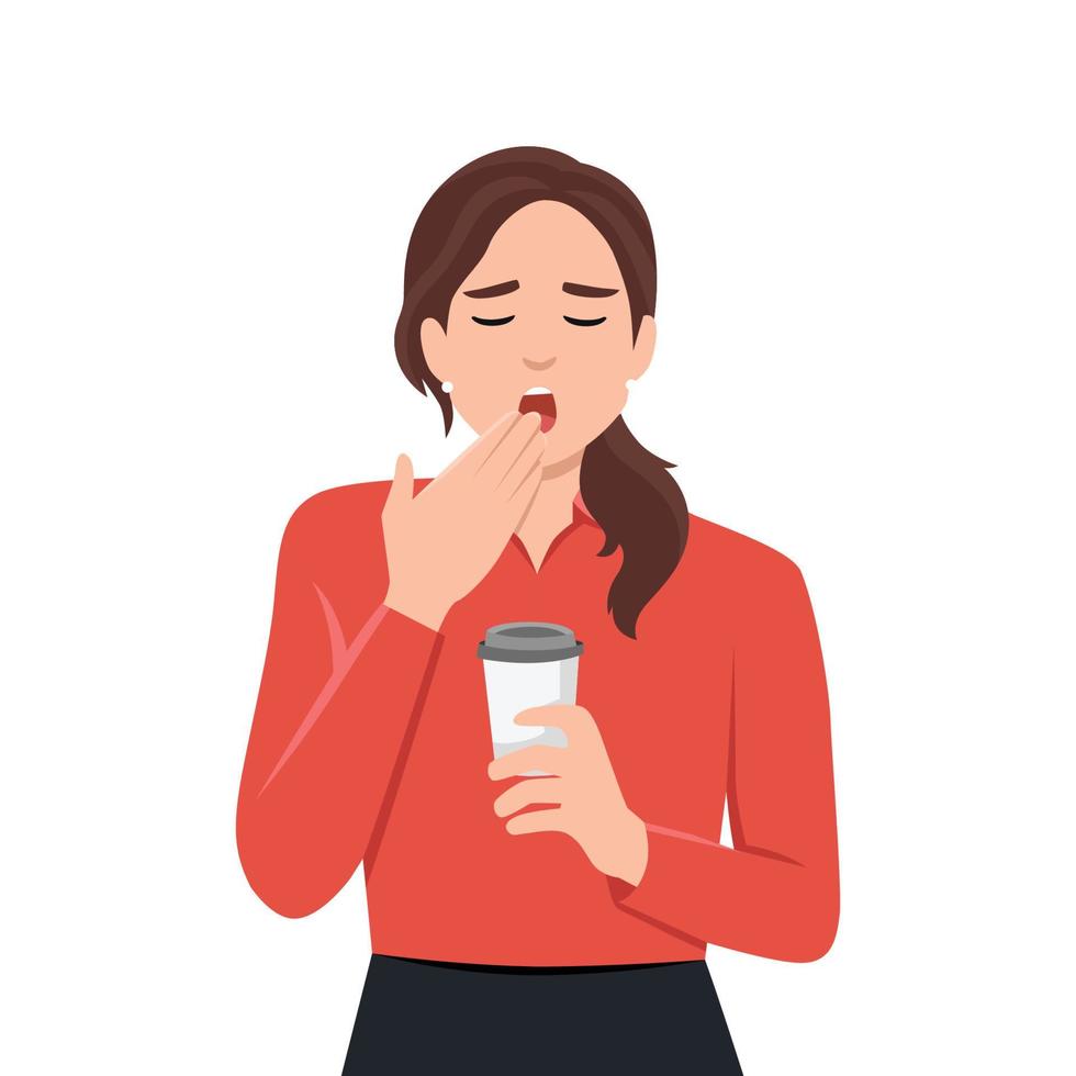 Young business woman holding a cup of coffee and yawning in the morning vector