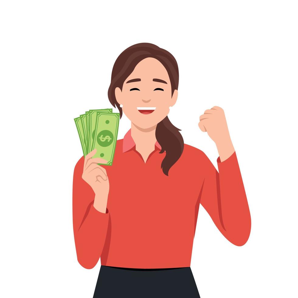 retrato de un alegre joven mujer participación dinero billetes y celebrando aislado terminado amarillo antecedentes vector