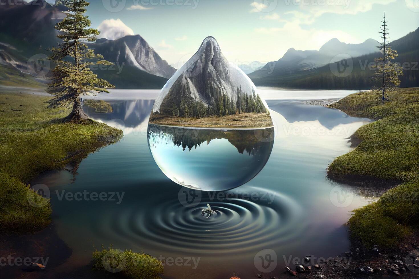 A Water Droplet Shaped Lake, A Metaphor for Nature's Water Purification Abilities. . Digital Art Illustration photo