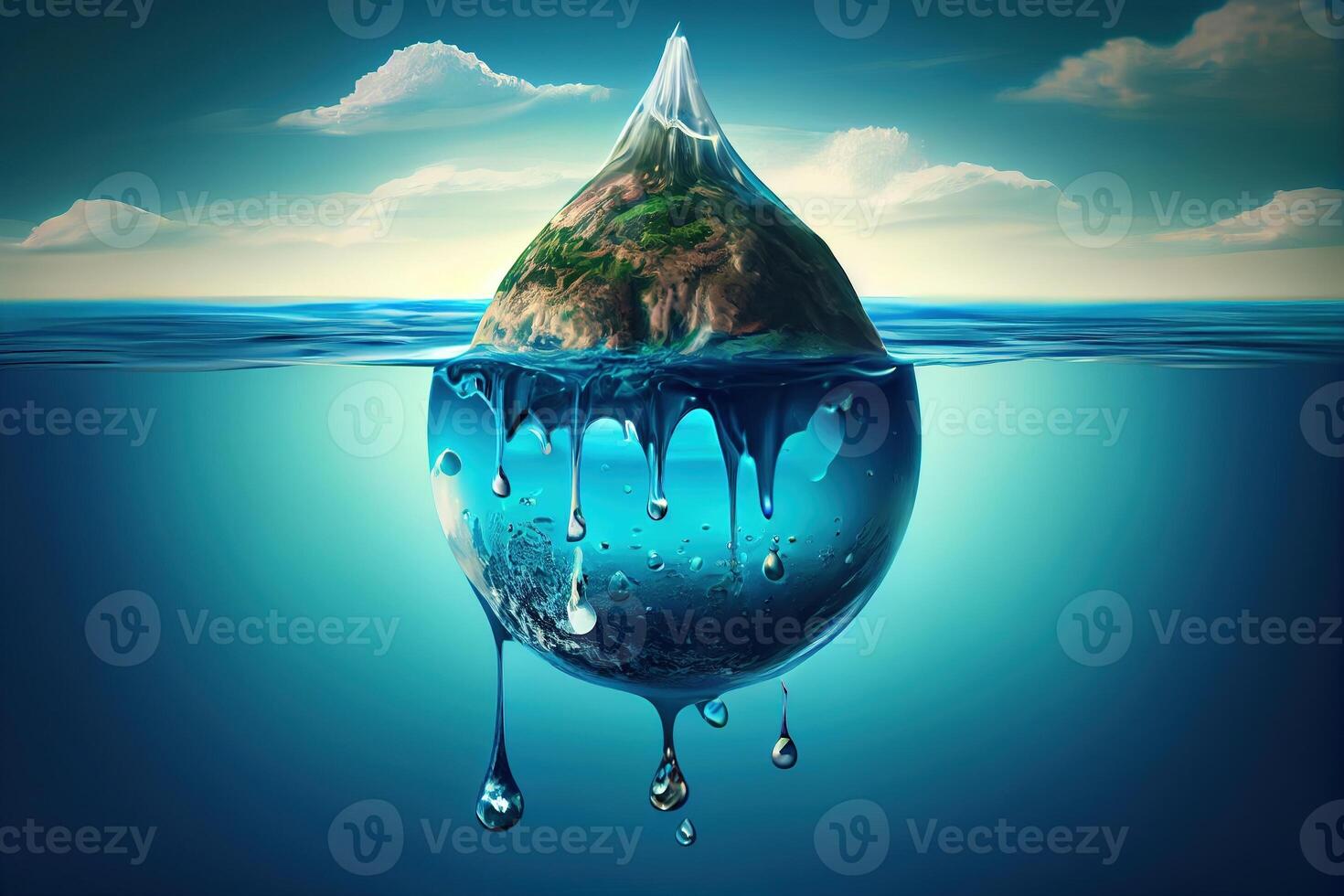 World water day, Realistic drop of water falling on blue sea background. . Digital Art Illustration photo