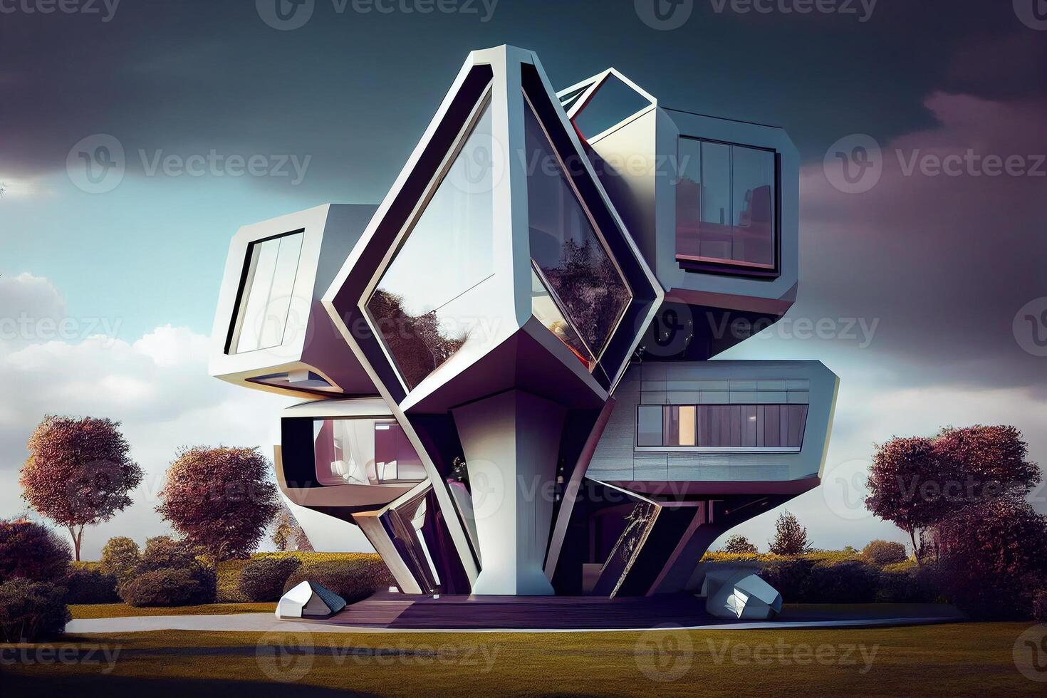 Futuristic luxury geometric Super modern extravagant house. Playful surreal architecture modern villa. . Digital Art Illustration photo