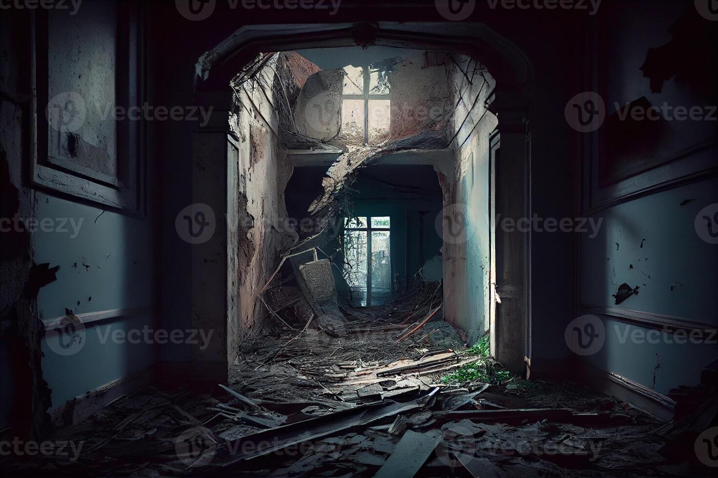 The abandoned haunted house's dark hallway filled with debris. . Digital Art Illustration photo