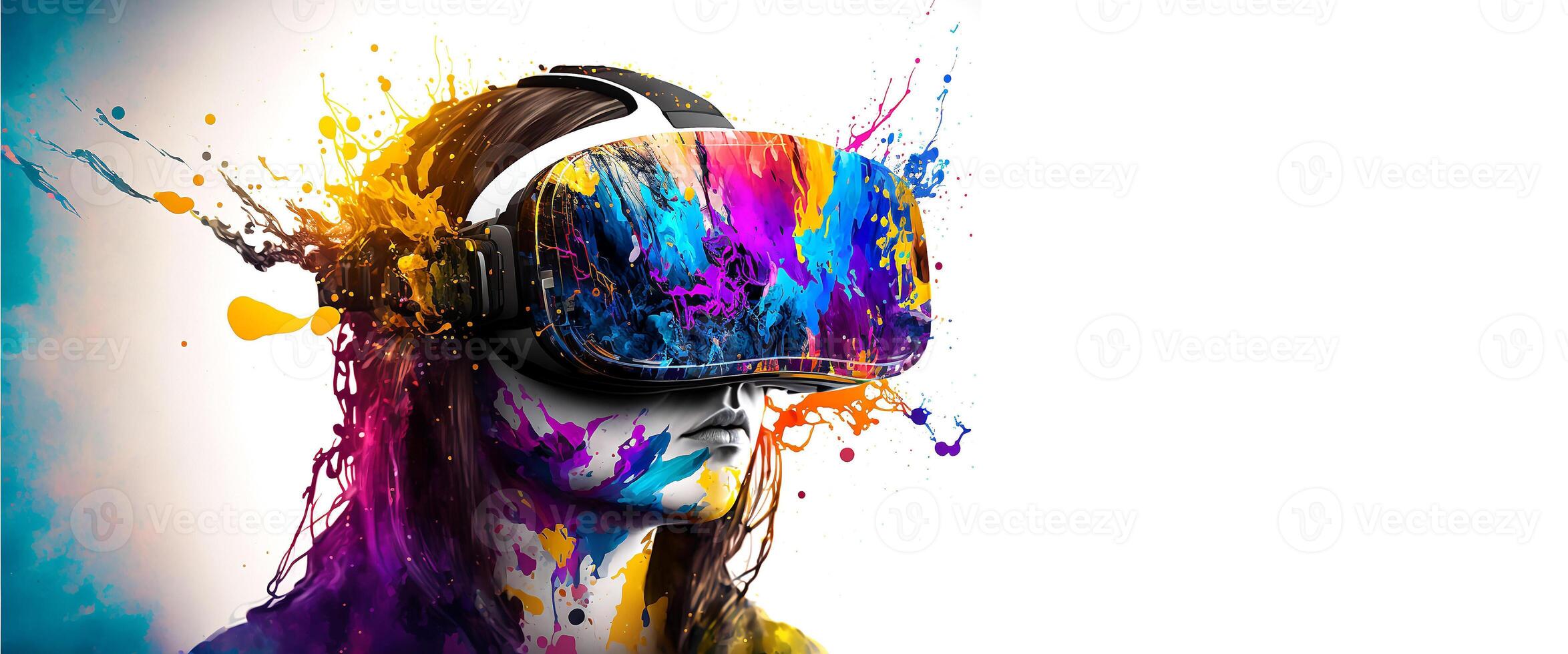 Abstract VR headset glasses portrait with colorful double exposure paint with . photo