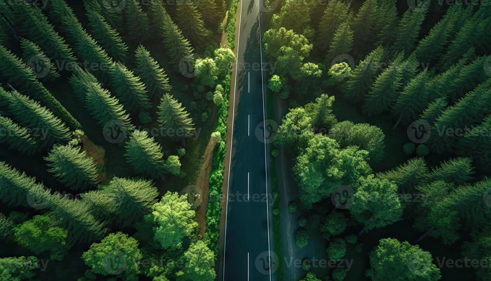 Aerial top view of asphalt road through green forest, healthy rain forest, environment, health, green economy, view of nature ecosystem for save Earth with . photo
