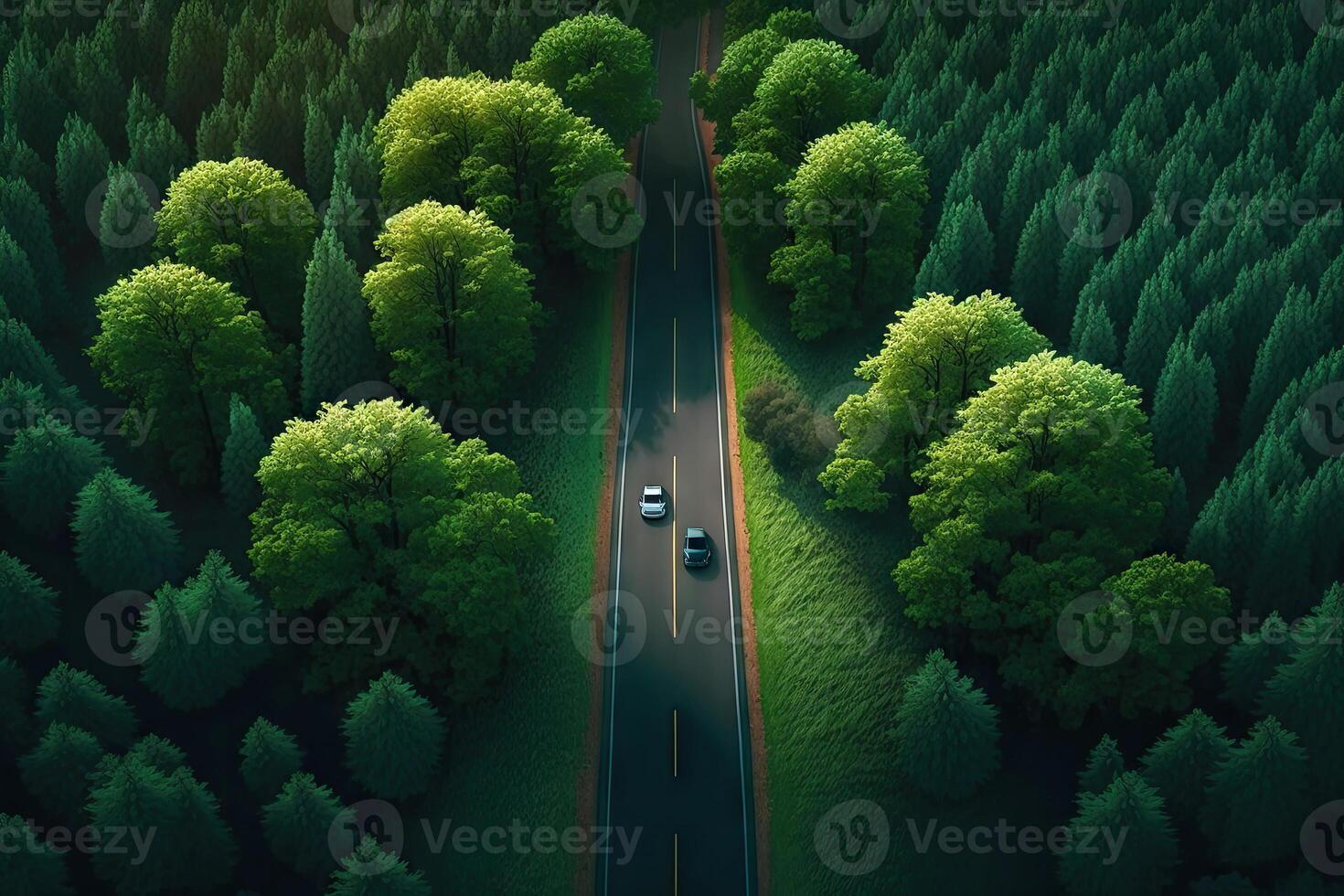 aéreo parte superior ver de asfalto la carretera mediante verde bosque, sano lluvia bosque, ambiente, salud, verde economía, ver de naturaleza ecosistema para salvar tierra con generativo ai. foto