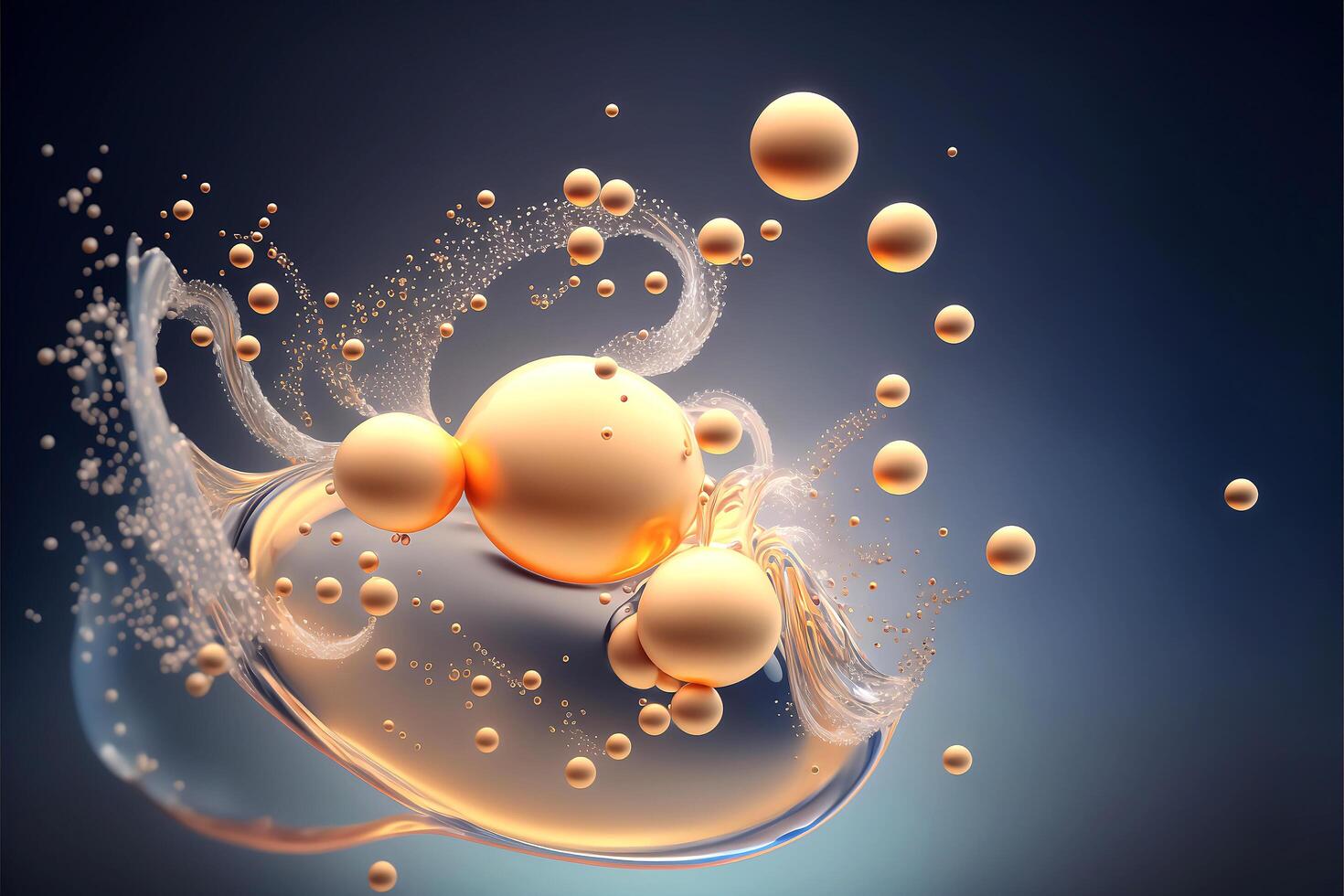 Abstract Cosmetics Essence molecule, collagen, Vitamin or Serum drop water for moisturizer. Liquid molecule chemical structure on water background. Cosmetics power treatment. . photo