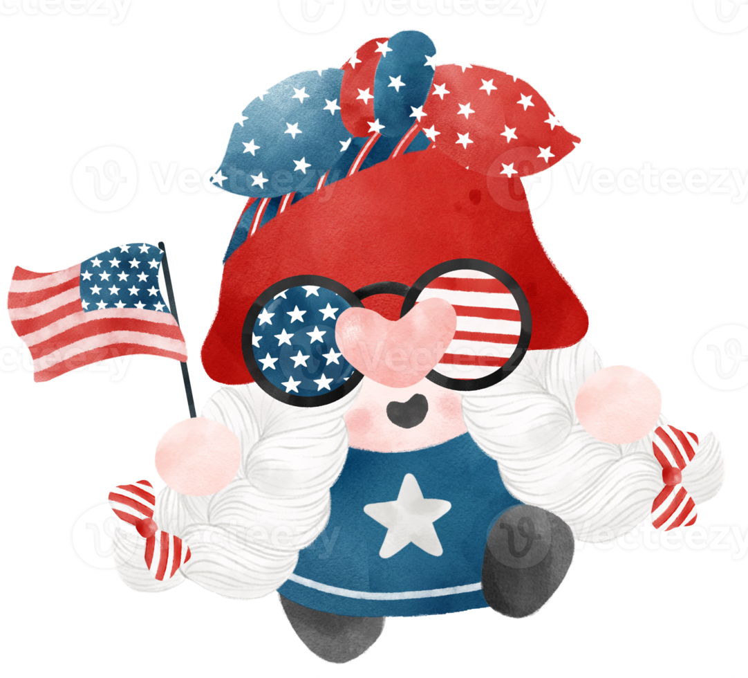 cute festive fun 4th of July Gnome watercolour celebrating America Independence freedom day cartoon hand drawing png