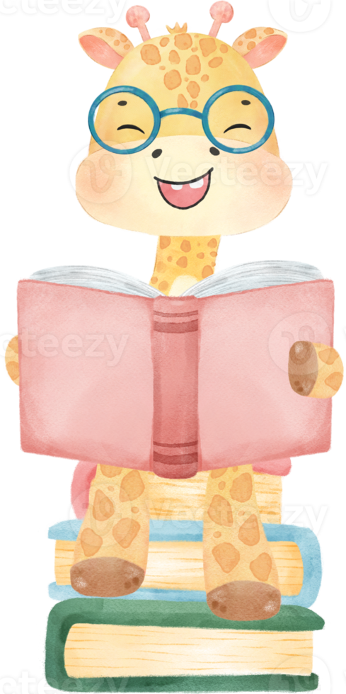 cute happy giraffe kid animal back to school with bag and books, children watercolour illustration png