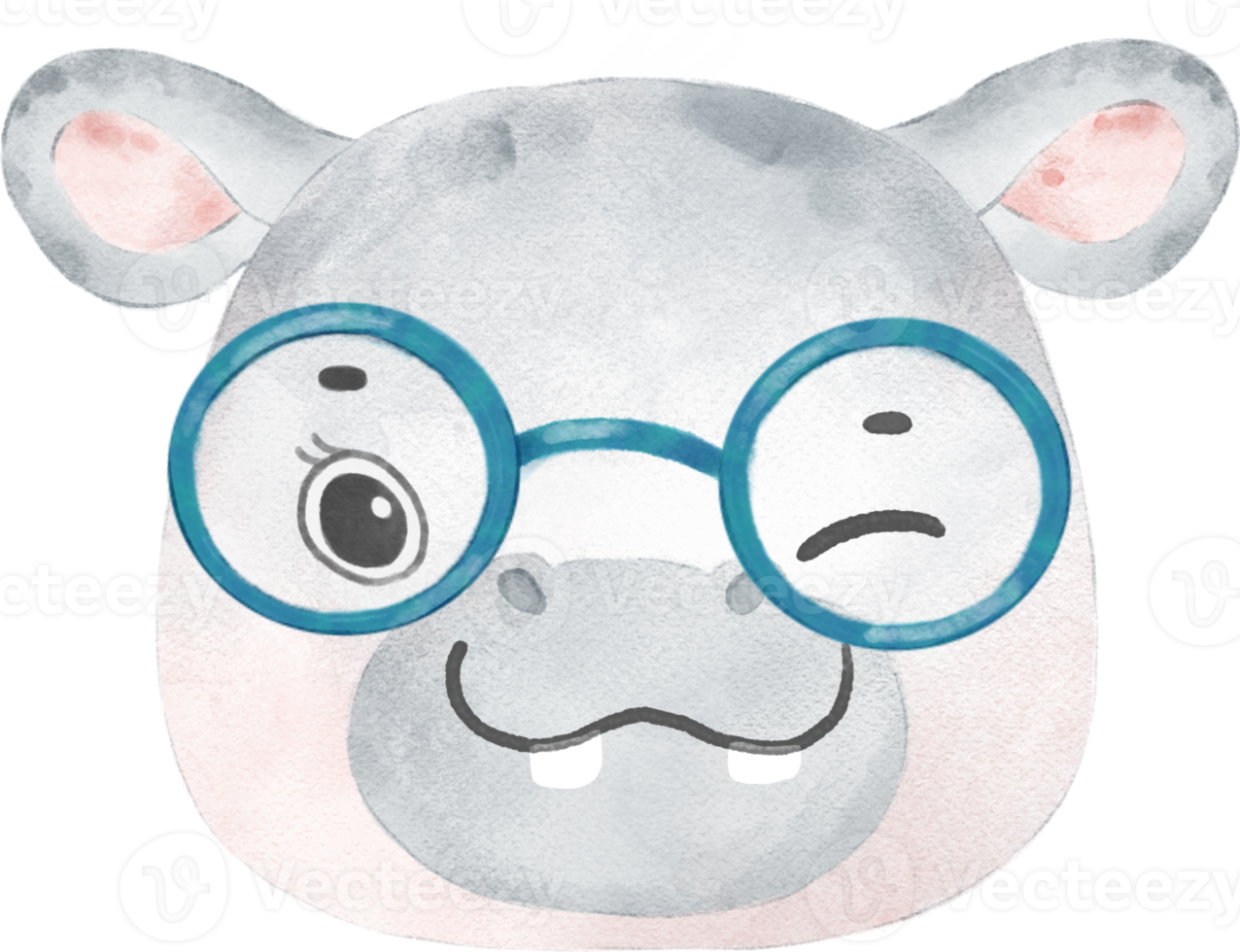 cute watercolor nerd wild hippo animal wear glasses cartoon painting png