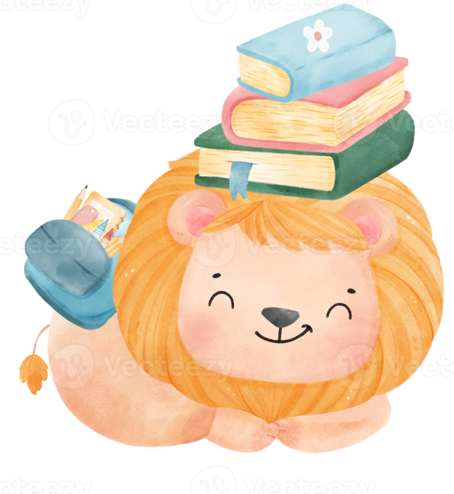 cute watercolour baby lion animal kid reading book, back to school cartoon character illustration png