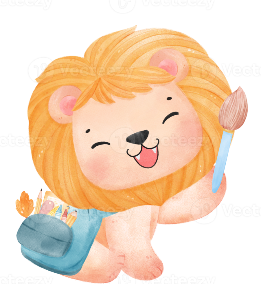 cute watercolour baby lion animal kid reading book, back to school cartoon character illustration png