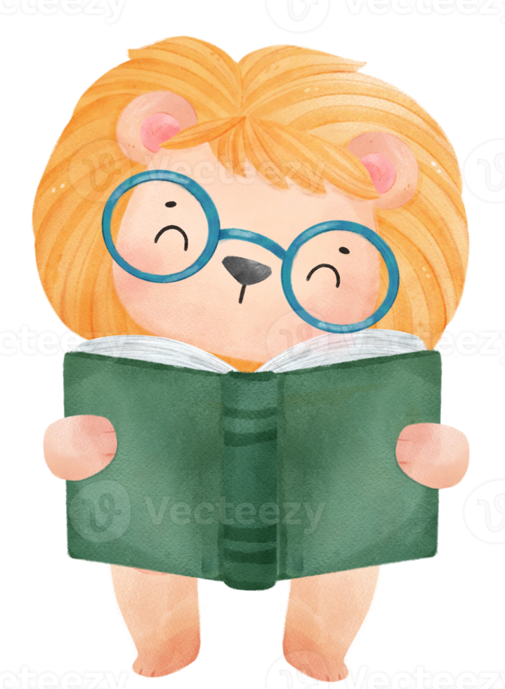 cute watercolour baby lion animal kid reading book, back to school cartoon character illustration png