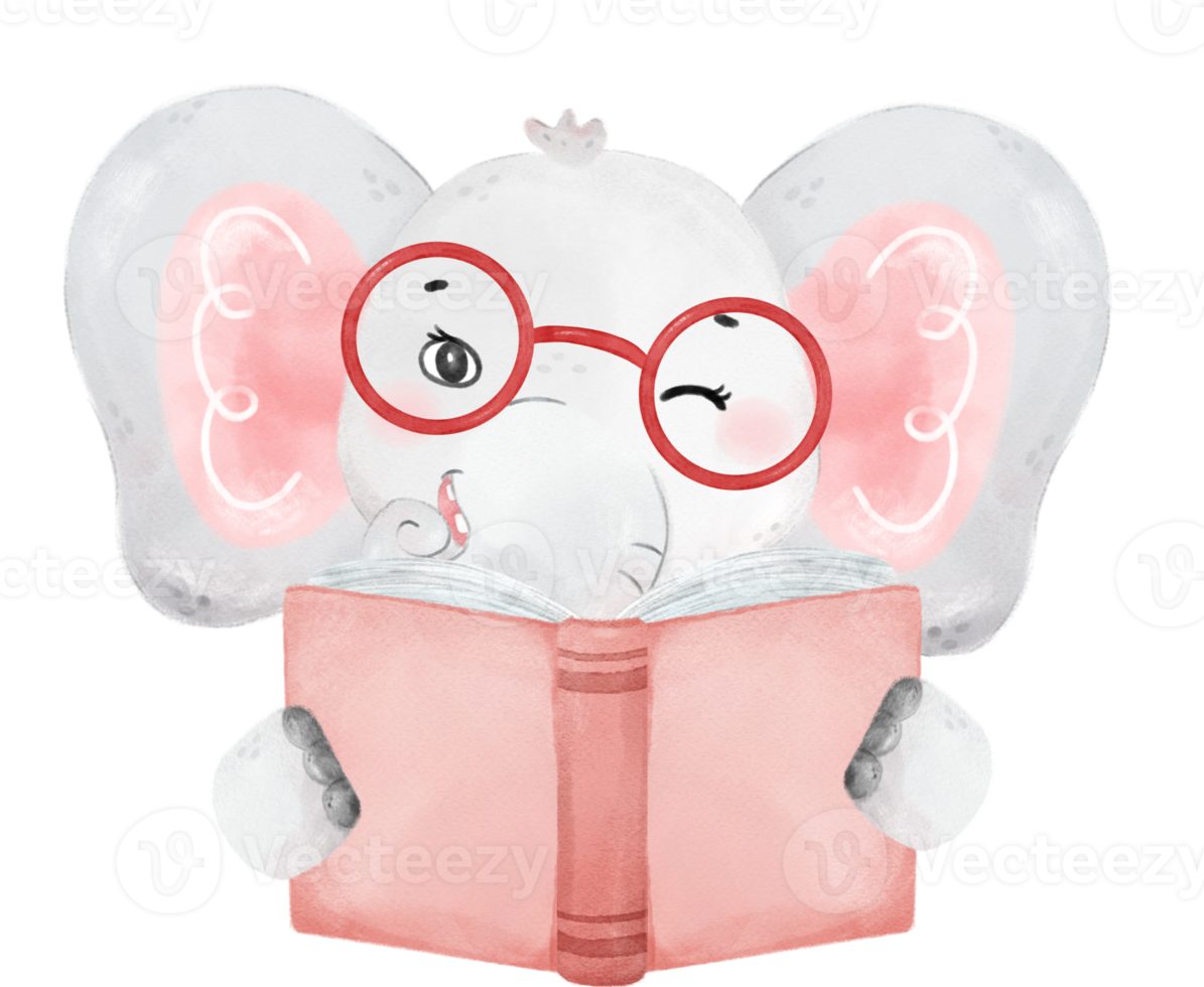 cute watercolour safari elephant animals kid back to school reading book cartoon png